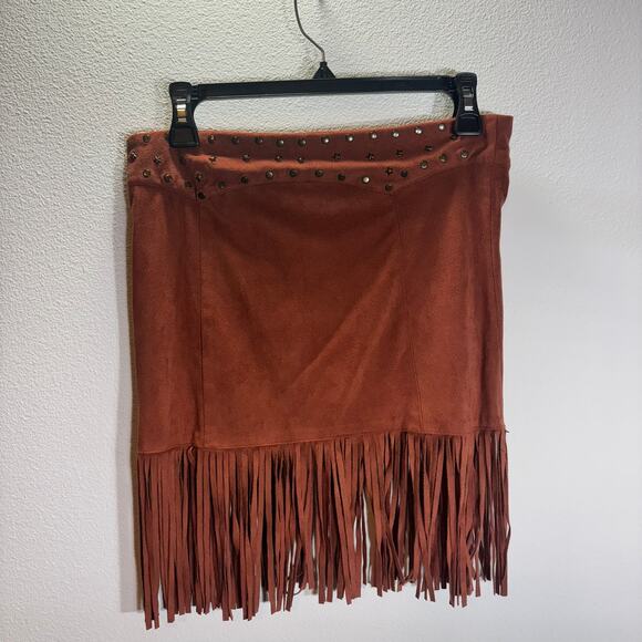 Idyllwind Fringe Mini Skirt S Brown Suede Look Studded Western Boho Cowgirl - Picture 2 of 7